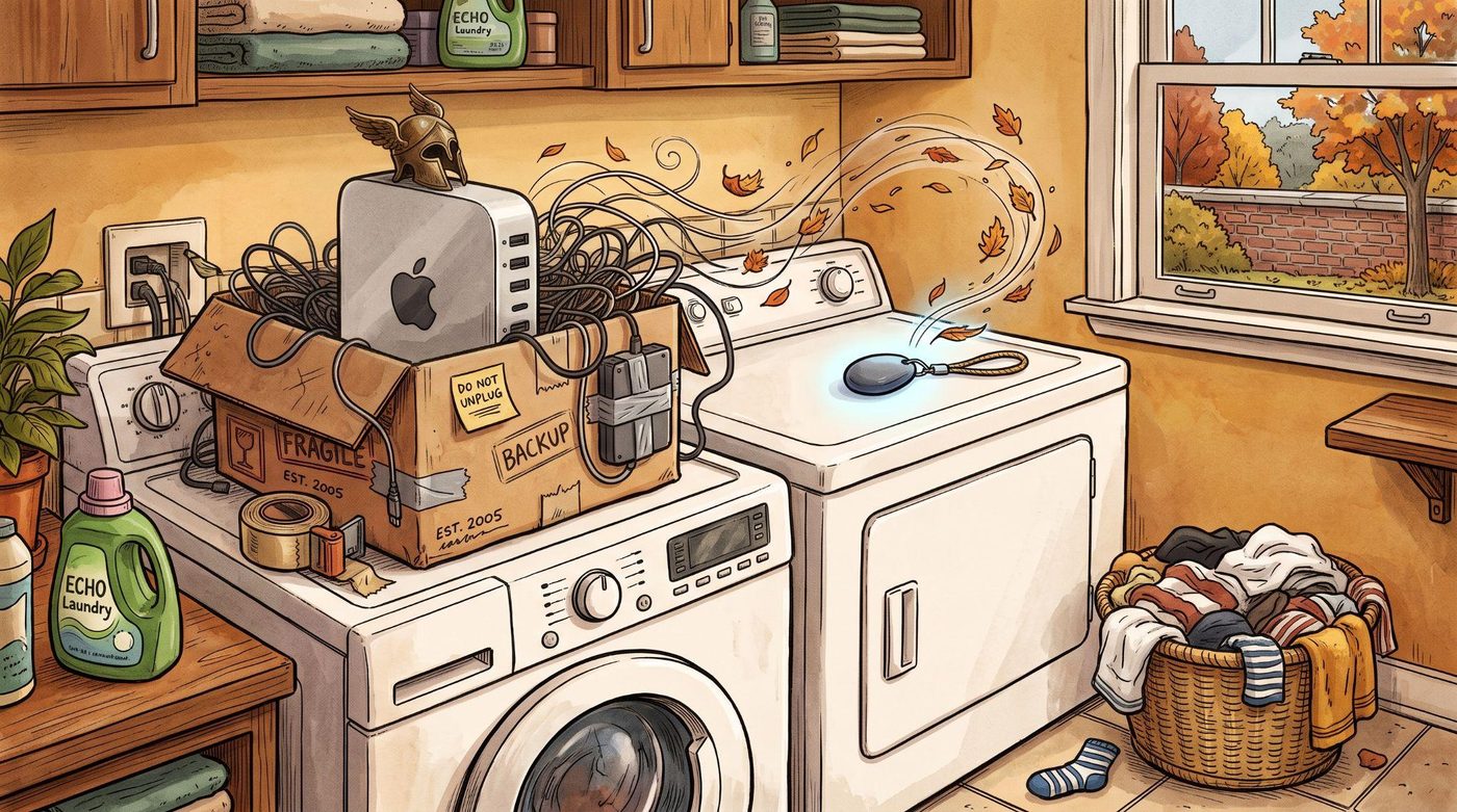 Illustration of a laundry room in autumn: a cardboard box marked Fragile and Backup sits on the washer, stuffed with a small computer, tangled cables and a winged helmet, while a small glowing keychain device rests on the dryer and leaves blow in through the window.